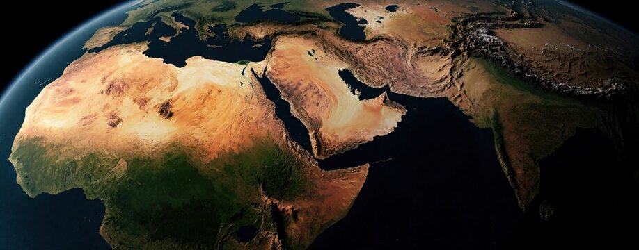 Satellite view of Earth showing Africa, Middle East regions. Desert terrain, mountains visible from space. Blue ocean surrounds continents with detailed topography. Aerial map shows Sahara desert,