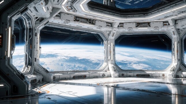Futuristic space station interior with large panoramic windows. View of Earth horizon from orbit shows blue planet, clouds. Modern sci-fi spaceship corridor features clean white architecture,