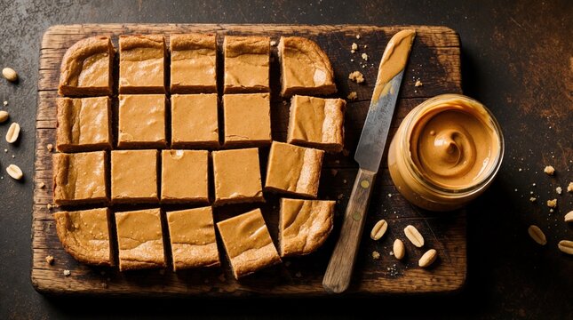 Peanut butter protein bars cut into squares on rustic wooden board. Jar of creamy nut butter with knife nearby. Healthy vegan snacks for fitness diet, energy boost. Homemade organic granola bars with
