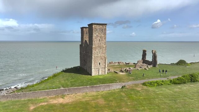 Reculver Towers and Roman Fort from a drone, Herne Bay, Kent, England, United Kingdom