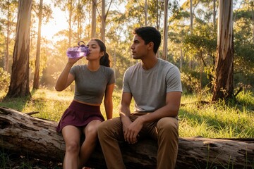 Obraz premium Young Latino man, woman rest on fallen tree log in sunny forest. Fit friends drink water from purple bottle after outdoor workout. Happy couple enjoys nature, talking, recovering during active