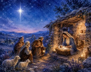 Fototapeta premium Nativity scene beneath a brilliant star in a moonlit Bethlehem