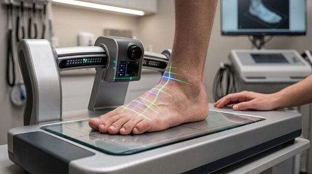Adult foot on glass scanning platform with green blue grid laser alignment