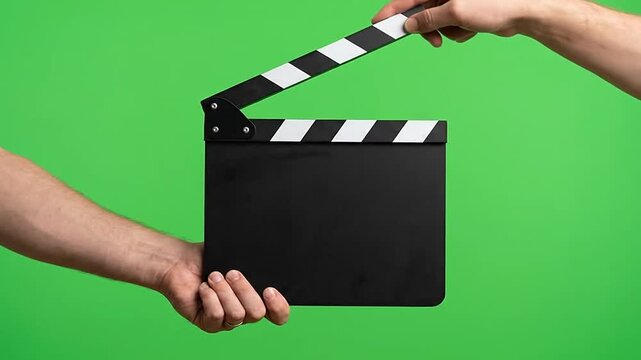 Hands operating a movie clapperboard against green screen