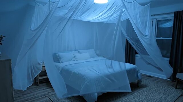 White mosquito net billowing over a comfortable bed in a dark room