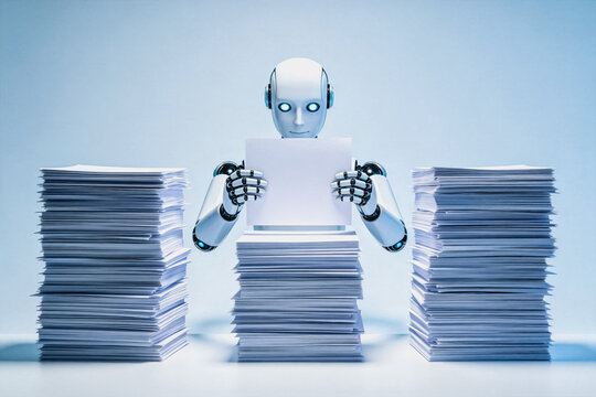 A humanoid robot holds a blank sign, surrounded by stacks of paper documents, representing automated office work and data processing.
