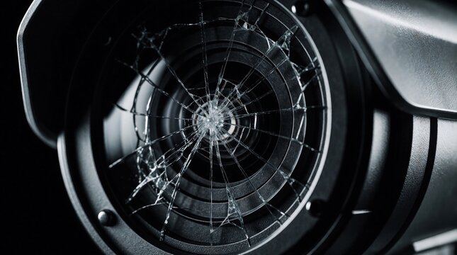 Close up of broken CCTV security camera with shattered glass lens. Damaged surveillance system shows impact from vandalism crime. Broken optical equipment fails to monitor area due to destruction,