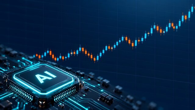 Glowing AI processor microchip on circuit board with ascending financial candlestick chart in background representing algorithmic trading and fintech