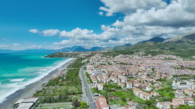 Mountains and sea over Scalea from a drone, Cosenza, Calabria, Italy
