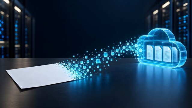 Paper document dissolving into digital pixels and uploading to glowing cloud hologram in server room representing paperless office and data migration
