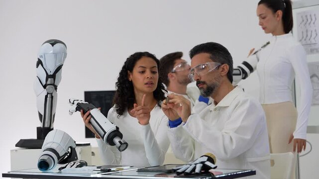 Wide view of two engineers seated at a table full of robotic hand parts with a tall robot leg model at left while a ponytailed woman stands behind them