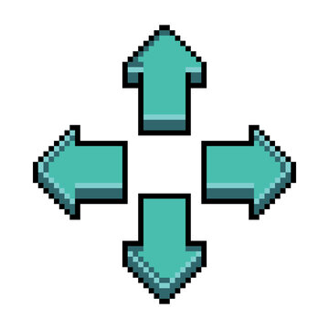 A pixel art style four directional arrow icon representing movement or navigation isolated on transparent background