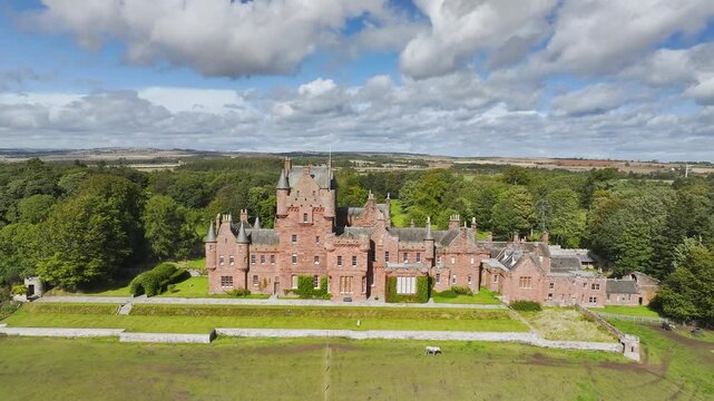 Ayton Castle from a drone, Ayton, Eyemouth, Scottish Borders, Scotland, UK