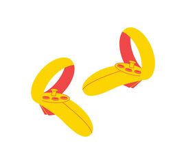 Modern vr glasses joystick flat icon in yellow and red. Game controller gadget as video game device and equipment. Y2k headset combines joystick joy stick for entertainment technology. © Moonnoon