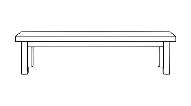 Black outline vector icon of a long backless wooden bench with thick rectangular seat four block legs and support beam drawn with thin lines in wide horizontal centred view showing joinery