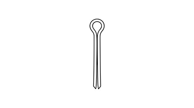 Black outline vector icon of a split cotter pin with rounded loop head and two straight tapered legs ending in pointed tips drawn in medium lines in vertical centered composition emphasizing symmetry