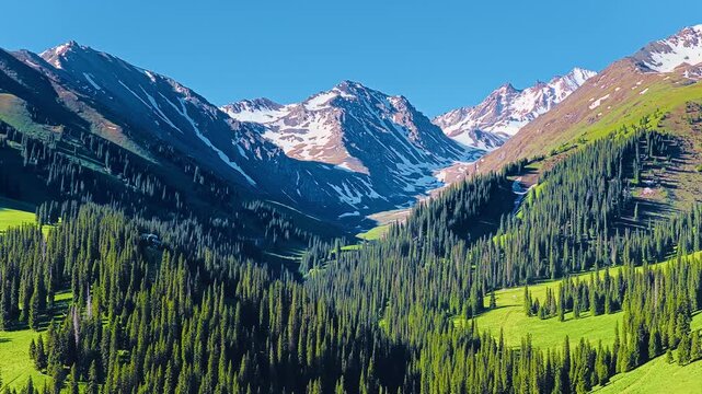 Lush green spruce forest covers the valley in Nalati Grassland, Xinjiang, with snow-capped mountain peaks rising under a clear blue sky.