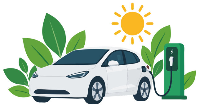 Electric white car charging at green station with plug cable surrounded by fresh leaves and bright sun symbolizing clean renewable energy sustainable eco-friendly transportation concept
