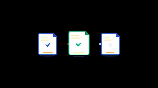 Premium flat UI vector animation illustrating a SaaS project workflow success state. Features sequential task cards with bold geometric checkmarks, process connection lines, and status indicators on a