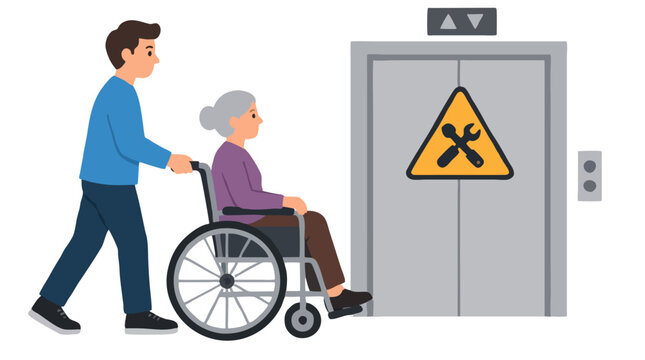 Young caregiver man pushing elderly woman in wheelchair toward closed elevator doors with yellow maintenance warning sign, accessibility challenge concept in flat vector illustration style