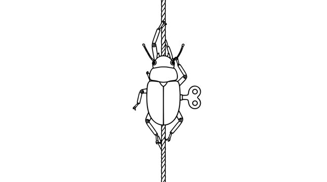 Black outline vector icon of a clockwork toy beetle with thin lines, six legs gripping a vertical rope, antennae and side wind-up key centered on plain white in top-down symmetrical composition