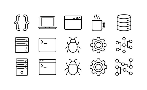 Java Coding Concepts, line icon set featuring code brackets, laptop, software window, coffee cup as generic programming metaphor, database, server, terminal, bug, gear and API connection nodes,
