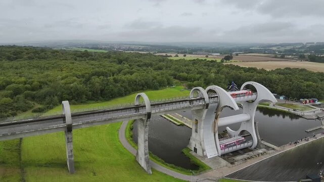 Filkirk Wheel from a drone, Forth and Clyde Canal, Falkirk, Scotland, UK