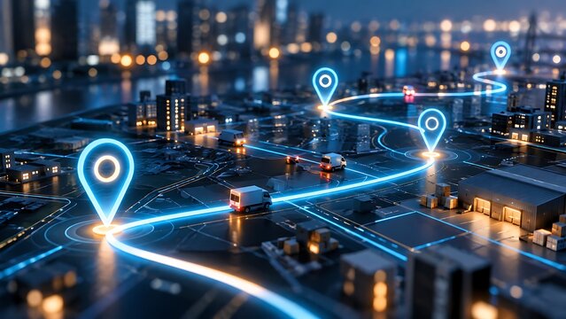 Delivery Trucks Driving On Glowing Route With Location Pins In Modern Smart City