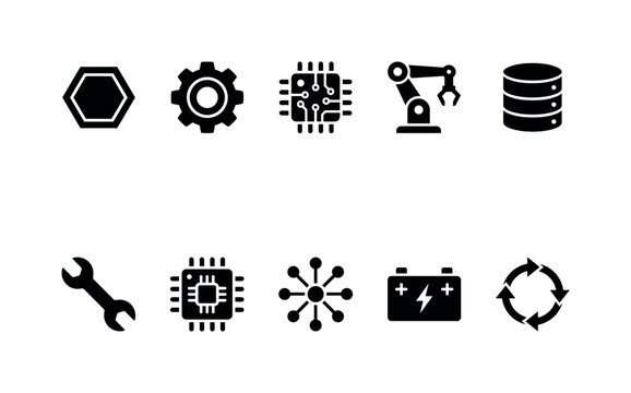 Industrial Hexagon Modules, solid glyph icon set featuring hexagon cell, gear, microchip, robot arm, database, wrench, processor, network node, battery and automation symbol, covering industrial