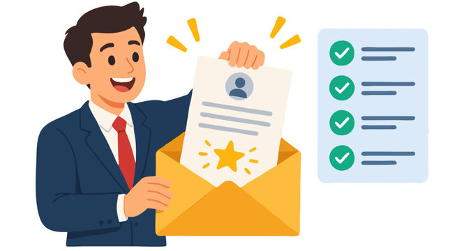 Happy businessman in blue suit pulling glowing recommendation letter with gold star from open envelope beside checklist with green checkmarks, hiring success concept flat vector illustration