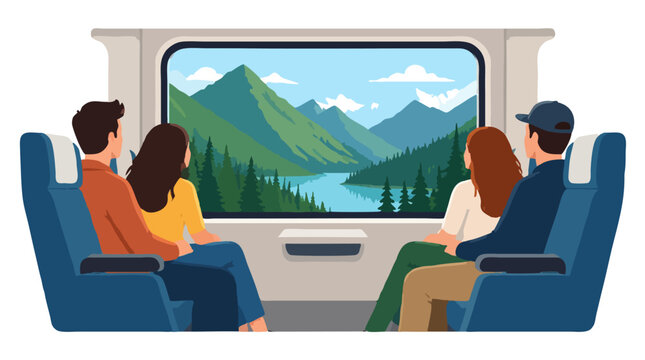 Passengers seated inside modern train carriage looking out large window at scenic green mountains, lake and pine forest landscape during mountain railway journey in bold flat vector illustration
