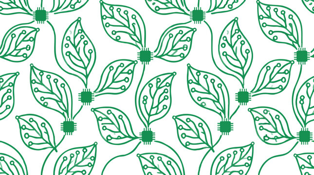 Seamless repeating pattern of green circuit board traces forming leaf veins with microchip connectors, eco technology botanical line art background for sustainable innovation design vector