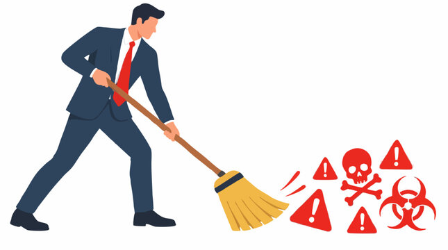 Businessman in suit sweeping away red hazard warning symbols with broom, flat vector illustration, cleaning up risks, danger, safety hazards, biohazard, corporate risk management concept