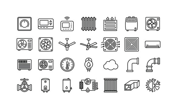 HVAC Climate Systems, line icon set featuring thermostat, air conditioner, ventilation fan, radiator, water pipe, heat pump, temperature gauge, air vent, covering HVAC, heating, ventilation, air