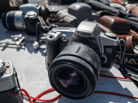 Vintage Photography Equipment Display at Outdoor Market