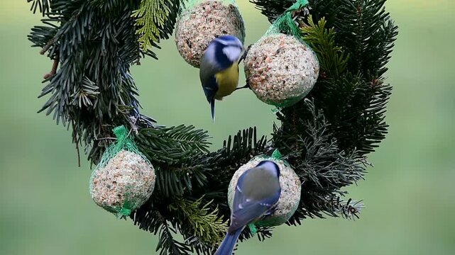Blue tits (Cyanistes caeruleus) eat suet balls on a Christmas wreath, Schleswig-Holstein, Germany