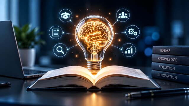 Glowing lightbulb with a human brain inside rising from an open book representing education innovation knowledge and creative thinking process