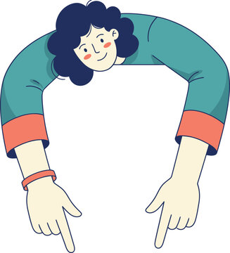 Smiling Curly Haired Young Person Leaning Over Pointing Down with Both Hands Wearing Teal Sweater