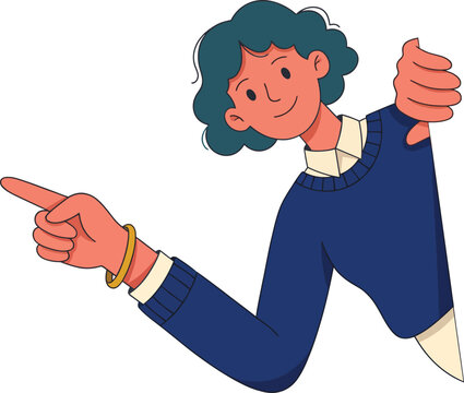 Smiling Curly Haired Young Person Peeking Around Corner Pointing Sideways Wearing Blue Sweater Flat Illustration