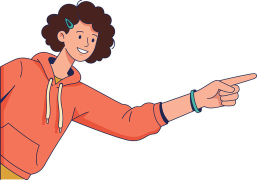 Smiling Curly Haired Young Person Pointing Sideways Wearing Orange Hoodie Peeking Flat Illustration