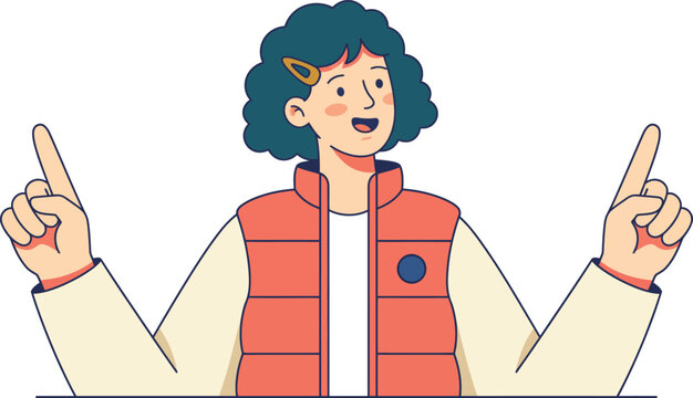 Smiling Curly Haired Young Person Pointing Up with Both Hands Wearing Orange Puffer Vest