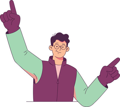 Smiling Young Man with Glasses Pointing Up and Sideways Wearing Purple Vest Flat Illustration