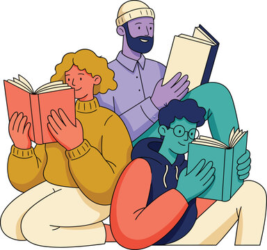 Three Friends Sitting Together Reading Books Wearing Cozy Sweaters Beanie and Glasses Flat Illustration
