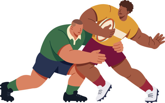 Two Rugby Players Tackling While Carrying Oval Ball Wearing Colorful Jerseys Flat Illustration