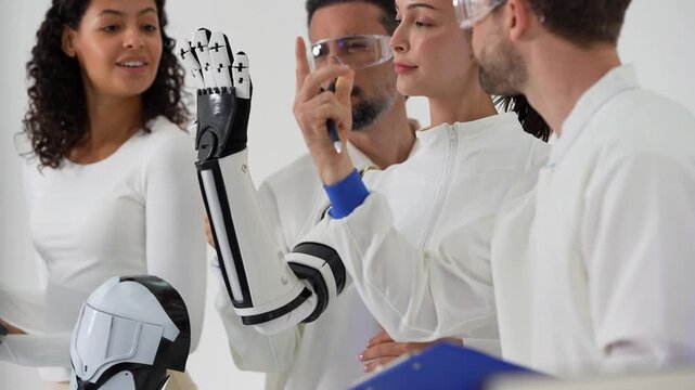 Four bionics engineers in white lab coats gather around a black-and-white robotic prosthetic arm, examining its robotic hand and taking notes on a blue clipboard