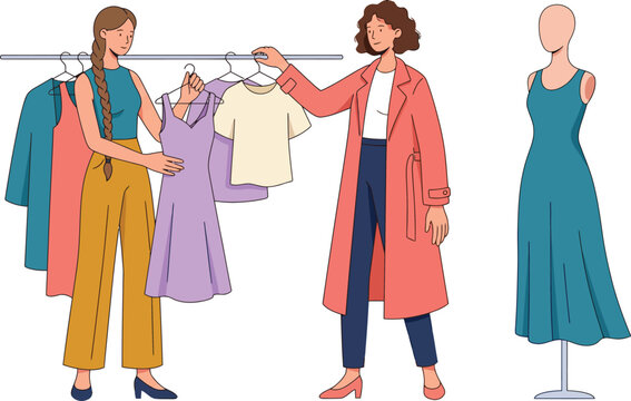 Two Women Shopping for Dresses at Clothing Rack Beside Mannequin Flat Illustration