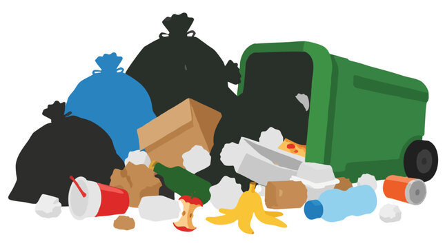 Messy overflowing pile of garbage bags and scattered trash beside tipped green bin with bottles, food waste, cardboard and plastic litter bold flat vector illustration isolated on white