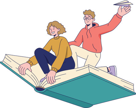 Two Young People Flying on Giant Open Book Holding Paper Airplane Flat Illustration