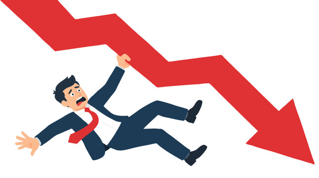 Flat vector illustration of frightened businessman in suit falling while holding large red downward zigzag arrow symbolizing failure, financial crisis, stock crash, loss and economic recession