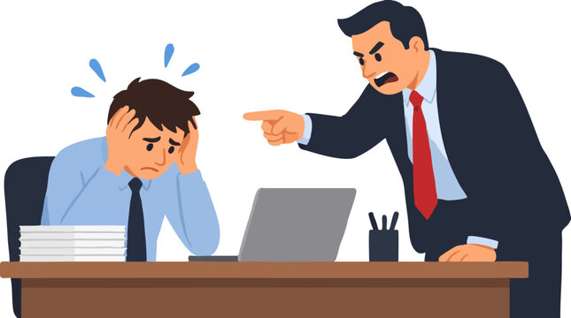 Stressed employee holding head in frustration at desk with laptop while angry boss in suit points and shouts aggressively depicting workplace pressure, conflict, burnout and toxic management